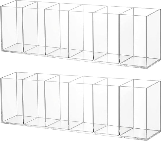 2 Pack Acrylic Makeup Brush Holder 6 Compartments Pencil Organizer Cup Pencil Holder for Desk Pen Organizer Storage Pen Holder for Accessories Cosmetic Brushes Office Bathroom Kitchen Supplies (Clear)