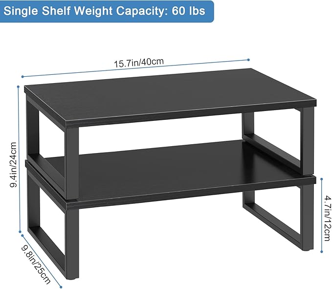 NORCEESAN 2 Pack Monitor Stand Riser Wood Desk Shelf with Storage, Laptop Stand Riser Computer Stand for Desk Shelf Organizer Desktop Printer Table for PC Laptop Fax Monitor Lift, Black
