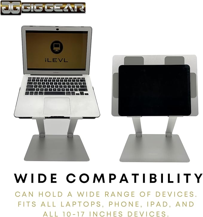 Gig Gear iLEVL Ergonomic Laptop Stand for Desk - Height Adjustable Laptop Riser Fits All Phone, Tablets, and Devices 10 to 17 Inches - Universal Multi-Angle Aluminum Foldable Laptop Stand (Silver)