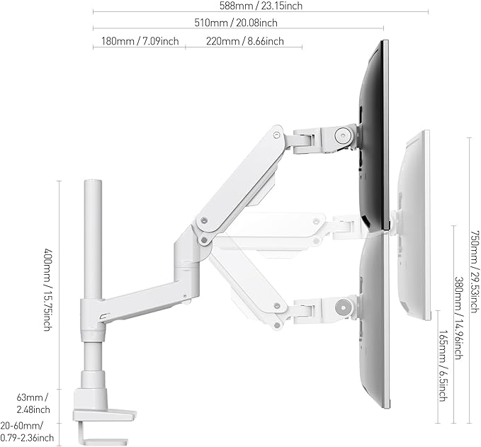 BEWISER Heavy Duty Monitor Arm for 34-57 inches Screens,Weight Capacity Up to 44 lbs,Full Motion Height Swivel Adjustable Ultrawide Monitor Arm (White)