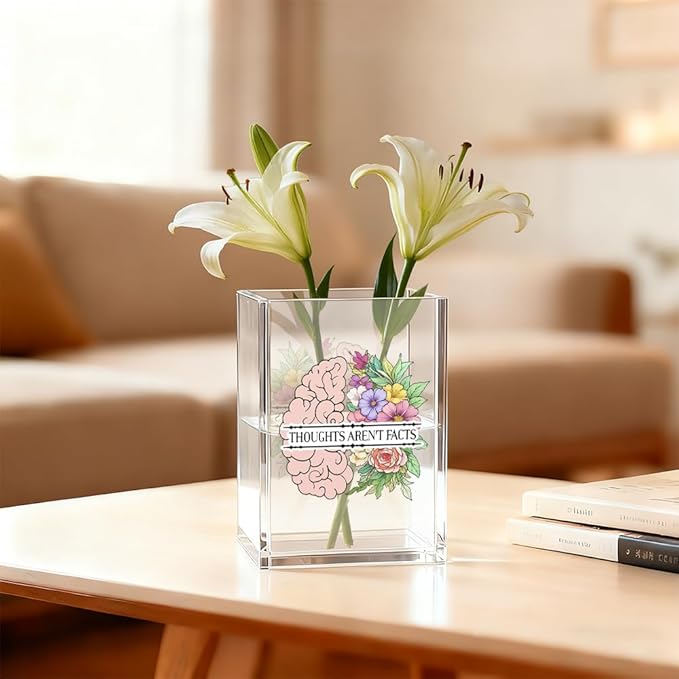 Thoughts Aren't Facts Acrylic Cosmetic Organizer Pen Holder, CBT Cognitive Behavioral Desk Storage Holder for Pen, Mental Health Recovery Gifts for Coworker, Therapy Office Gifts for Leader