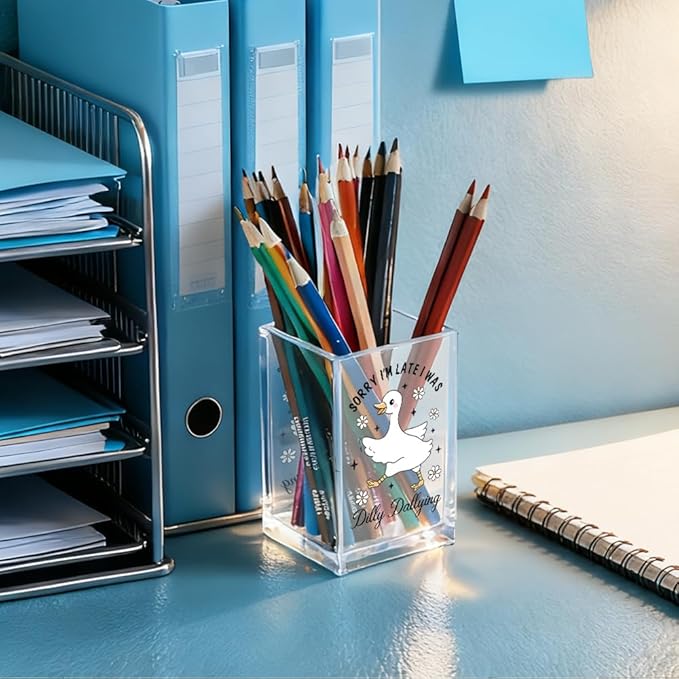 Sorry I'm Late I Was Dilly Dallying Acrylic Makeup Brush Pencil Holder Cup, Funny Silly Goose Pen Holder Cup Gifts for Women Coworker, Cosmetic Organizer for Home Office Desk Accessories