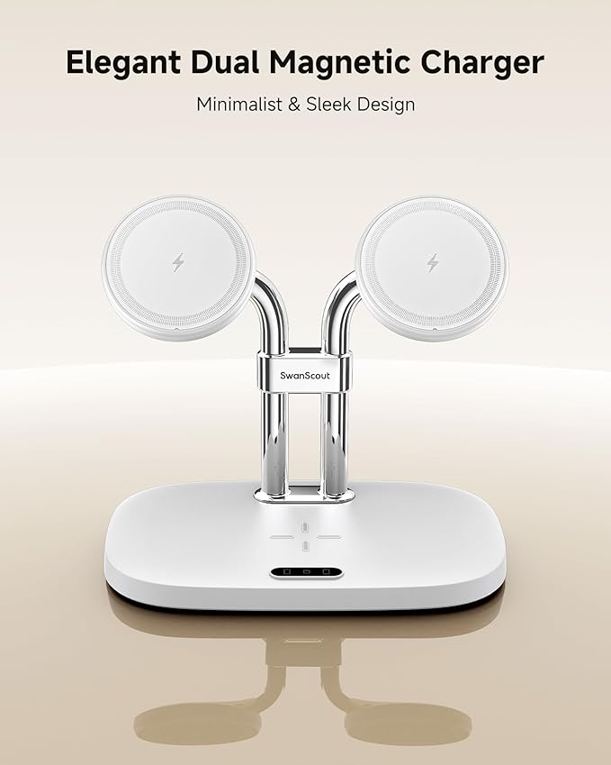 SwanScout Wireless Charger for iPhone Air/17, SwanScout 706M, Dual Magnetic Charger for iPhone 16/15/14/13/12 Series, Charging Station for AirPods Pro 3/2, AirPods 4/3rd (White)