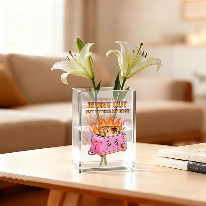 Burnt out Acrylic Cosmetic Organizer Pen Holder, Funny Optimistic Acrylic Desk Holder Cup for Pen Pencil, Humorous Office Gifts for Coworker Director Mentor, Mental Health Gifts for Hard Worker