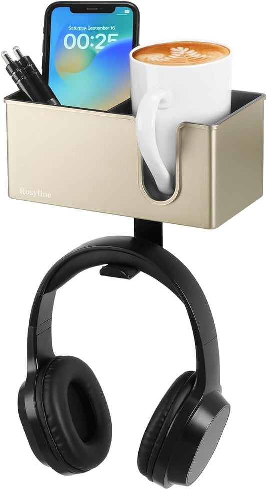 ROSLINE 3-in-1 Clip-on Desk Organizer - Pen, Headphone, and Cup Holder for Expanding Office and Gaming Space (Champagne)