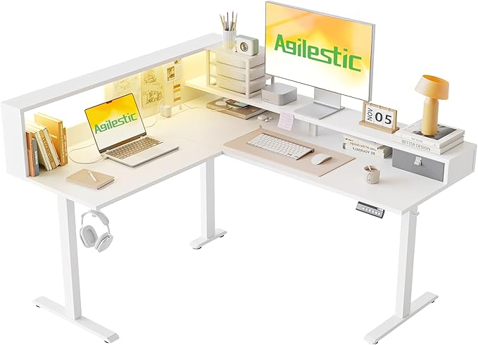 Agilestic L-Shaped Electric Standing Desk, 63x55 Inch Ergonomic Adjustable Height Desk with Storage, Stand Up Corner Desk Sit Stand Computer Table Power Outlet & LED Lights, Office Table, White