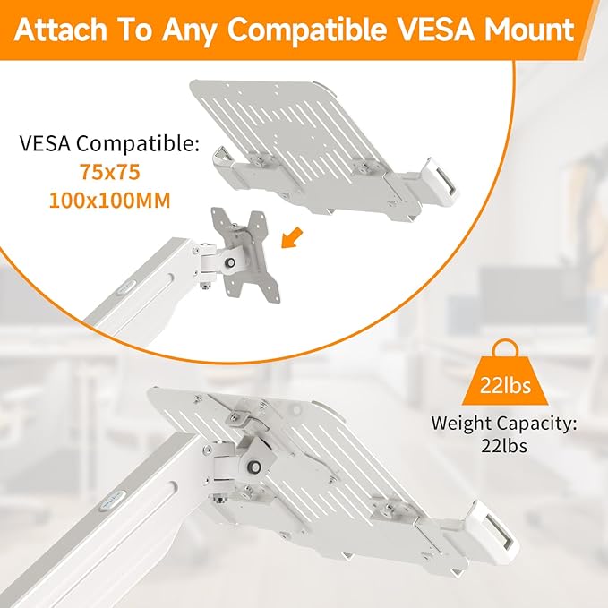 suptek Adjustable 13 to 18 inch Laptop VESA Arm Mount Tray for Monitor Arms and Stands (Tray Only),Fits 75x75/ 100x100 mm VESA Mount Holes,and Supports Weight up to 10lbs,White(TP007W)