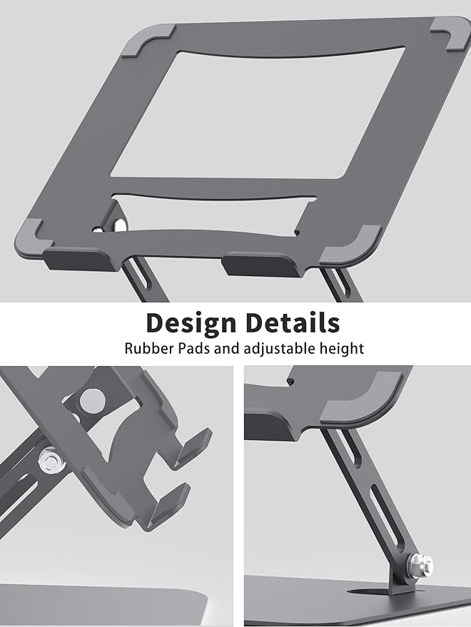 SOUNDANCE Laptop Stand for Desk with Stable Heavy Base, Adjustable Height Multi-Angle, Ergonomic Metal Riser Holder, Foldable Mount Elevator, Compatible with 10 to 15.6 Inches PC Computer, Grey