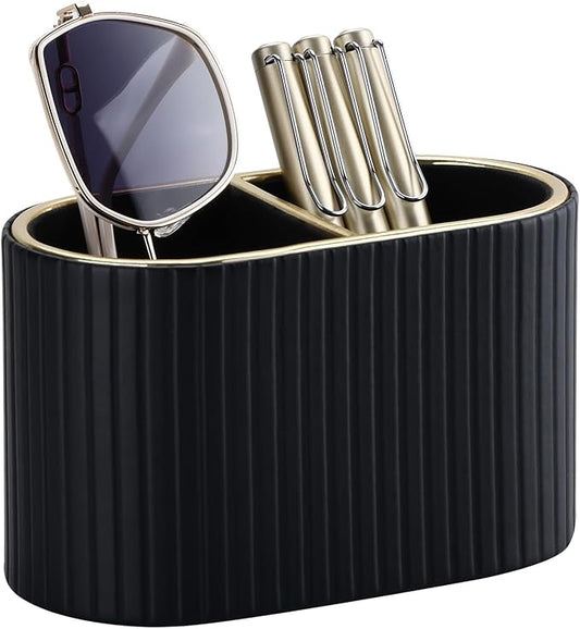 KINGFOM PU Leather Desk Organizer Pen Holder – Dual-Compartment Stylish Pencil Cup Remote Control Holder Desktop Supplies and Accessories Organizer Caddy for Office Home School (Black)