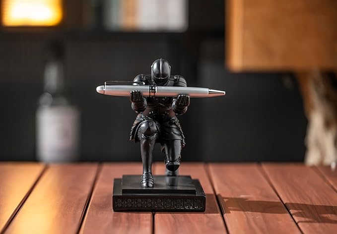 Knight Pen Holder Desk Organizers and Accessories Desk Decor Resin Pen Holder as Gift with a Cool Pen for Office and Home (Black)