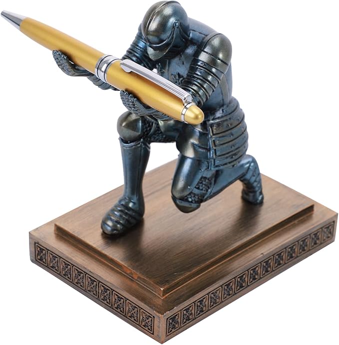 Knight Pen Holder Desk Ornament Resin Pencil Holders Desk Accessories and Organizer For Men with a Cool Pen (Blue)