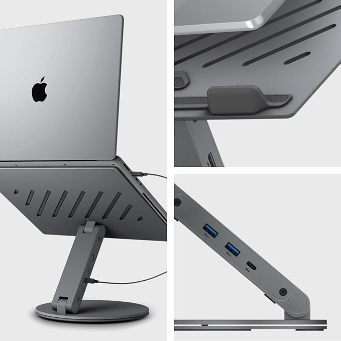 Spigen ArcDock Laptop Stand with 6 in 1 Hub USB-A 3.0, USB-C 3.0, PD 100W, 4K 60Hz HDMI Universal Adjustable Folding Laptop Dock with 360 Rotating Base - Space Grey