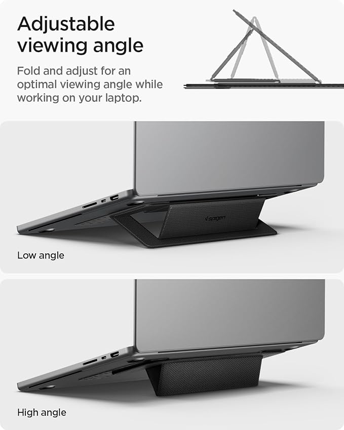 Spigen Slim Fold Adhesive Laptop Stand Foldable Portable Dual Ergonomic Angle Adjustment Lift Anti-Slip Compatible with MacBook Pro, MacBook Air 11"-16" and More - Black (LD201-S1)
