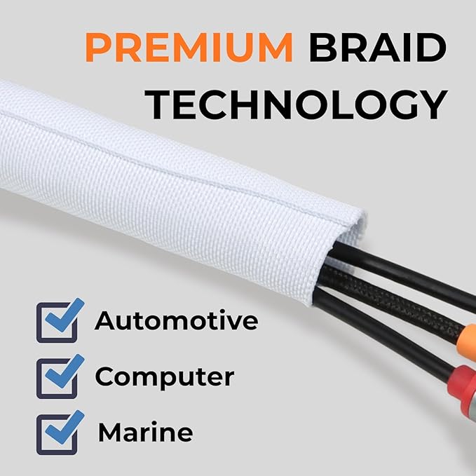3/4 inch Split Braided Cable Management Sleeve for USB Cable Power Cord Audio Video Cable, High-Temperature Automotive Harness Wire Loom Cord Protector from Cat Dog Chewing (White, 10FT)