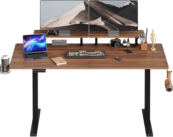 ONBRILL Standing Desk with 2 Adjustable Monitor Shelves, 63 x 24 Inches Electric Stand Up Desk with Memory Controller and Adjustable Height from 28-46 inches for Computer Workstations, Walnut