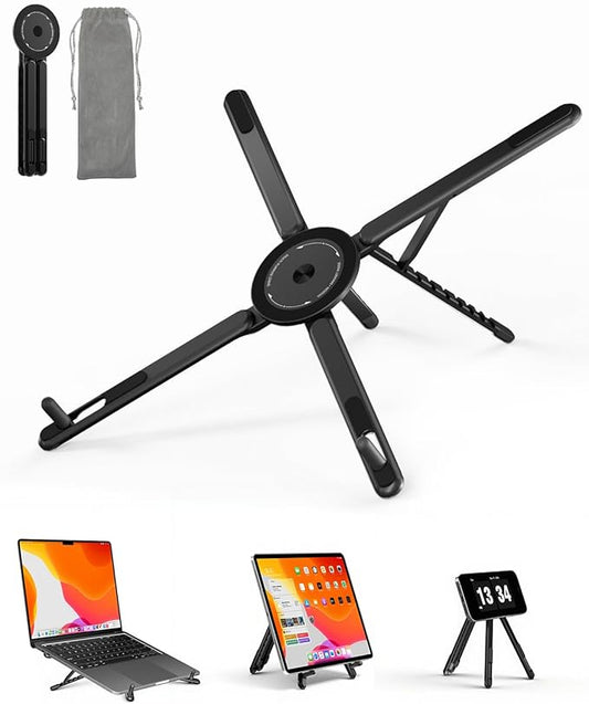 Viozon Portable Laptop Stand for Desk, Foldable Adjustable Computer Riser with Magnetic Phone Holder, Aluminum Laptop Stand for 10–16” Laptops & 4–13” Phones/Tablets (Black)