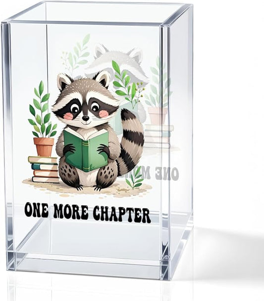 One More Chapter Acrylic Pencil Holder Cup, Book Lover Gifts for Women, Funny Reading Raccoon Desk Organizer and Accessories for Raccoon Lover Bookish Bookworms Readers, Pen & Bookmark Holder