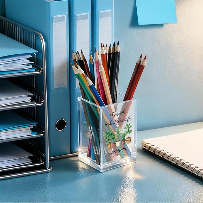 Growth Looks Different for Everyone Acrylic Cosmetic Pencil Holder Cup, Funny Plant Pen Holder for Women Teacher, Home Office Classroom Desk Accessories, Inspirational Gifts for Coworker Friend