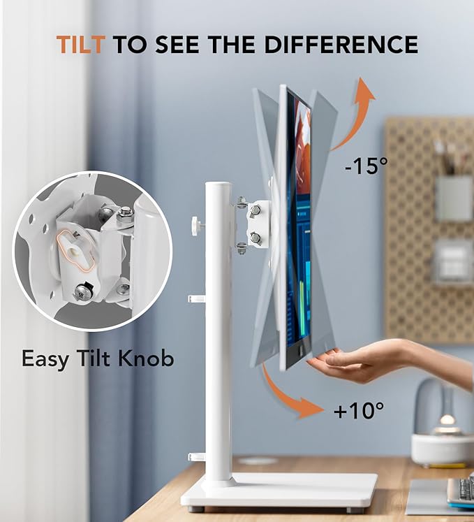 Hemudu Single LCD Computer Monitor Free-Standing Desk Stand Riser for 13 inch to 32 inch Screen with Swivel, Height Adjustable, Rotation, Holds One (1) Screen up to 77Lbs(HT05W-001) White