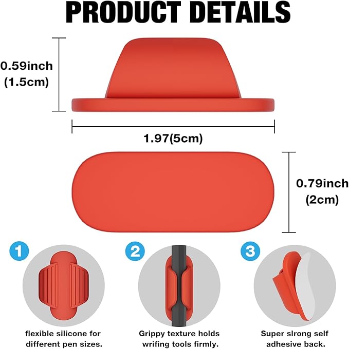 Adhesive Pencil Holders for Desk Silicone Pen Holder Organizer for Desk Accessories,Teacher Supplies for Classroom, Office, School Accessories,Notebook, WallS or Clipboards（10PCS,Red）