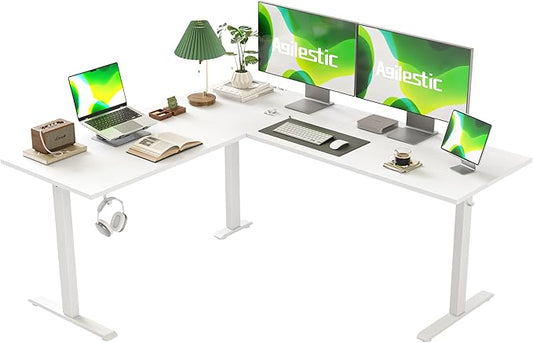 Agilestic L Shaped Standing Desk Adjustable Height, Electric Corner Standing Desk, 63 x 55 inch Sit Stand Computer Table with Splice Board, White