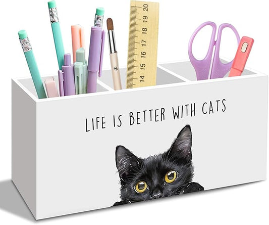 Black Cat Gifts Pen Pencil Holder for Desk, Funny Black Cats Lovers Gift Office Desk Accessories, Life Is Better with Cats Toothbrush Pen Holders Organizer for Women Bathroom Classroom Decor