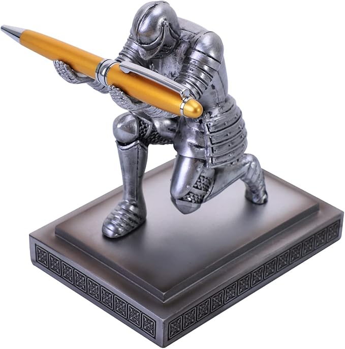 Knight Pen Holder Desk Ornament Resin Pencil Holders Desk Accessories and Organizer For Men with a Cool Pen (Silver)
