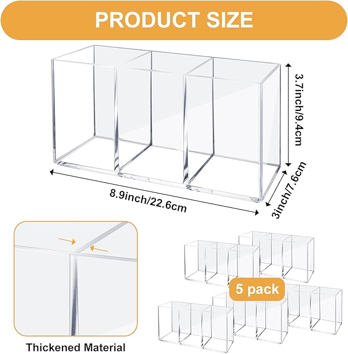 5 Pack Acrylic Pen Pencil Holder - 3 Compartment Clear Pencil Pen Organizer for Office Home Supplies Desk Accessories