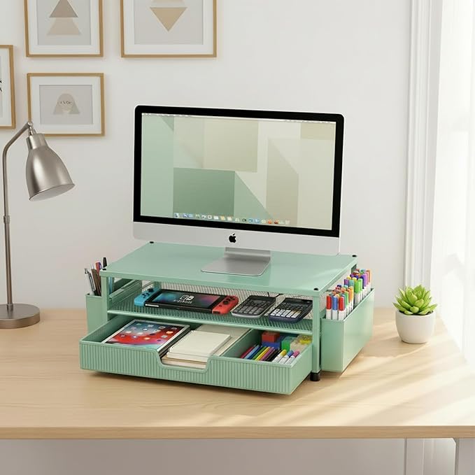 Desk Organizer and Accessories, 2-Tier Computer Monitor Stand Rise with Storage Drawer & 2 Pen Holders, Laptop & Printer Stand for Desktop, Workspace Organizers for Office Supplies (Green)