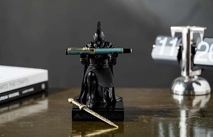 Roman Praetorian Prefect Warrior Knight Pen Holder Desk Ornament Resin Praetorian Guard Mobile Phone Stand Desk Accessories and Organizer for Office with a Letter Opener (Black)