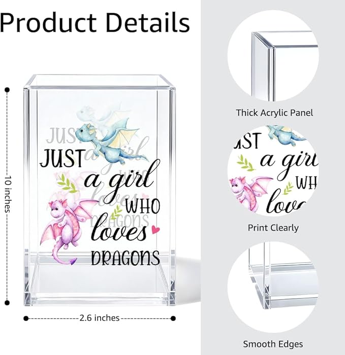 Just A Girl Who Loves Dragons Acrylic Cosmetic Organizer Pen Holder, Funny Acrylic Desk Holder Cup for Pen Pencil, Christmas Birthday Gifts for Dragon Lovers Daughter Lady Women Coworker Boss