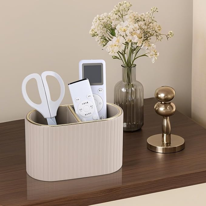 KINGFOM PU Leather Desk Organizer Pen Holder – Dual-Compartment Stylish Pencil Cup Remote Control Holder Desktop Supplies and Accessories Organizer Caddy for Office Home School (Mocha Beige)