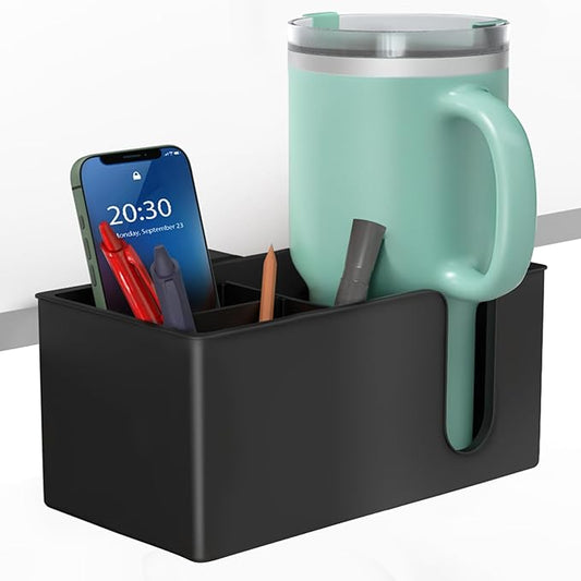 OOKUU 3-in-1 Desk Organizer - Large Desk Cup Holder Clamp, Pencil Holder and Phone Stand - Detachable Anti-Spill Table Cup Holder, Office & PC Gaming Desk Accessories for Cup, Phone and Pen (Black)