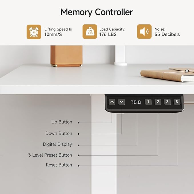 ONBRILL Standing Desk with 2 Adjustable Monitor Shelves, 71 x 24 Inches Electric Stand Up Desk with Memory Controller and Adjustable Height from 28-46 inches for Computer Workstations, White