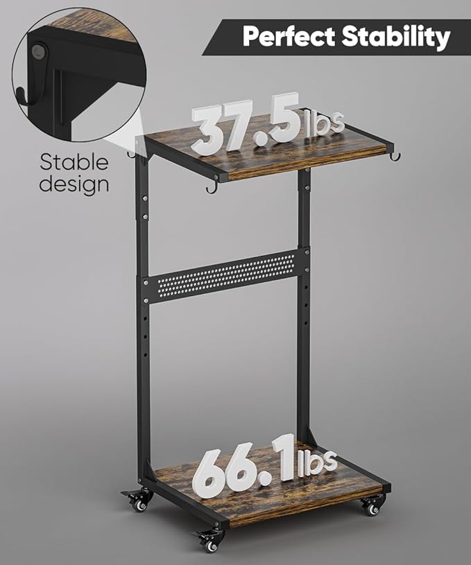 Computer Tower Stand, 2-Tier Metal CPU Holder Stand with Lockable Wheels, Adjustable Under Desk PC Shelf, Mobile Rolling Computer Cart for Home, Office, Gamers and Students, Black