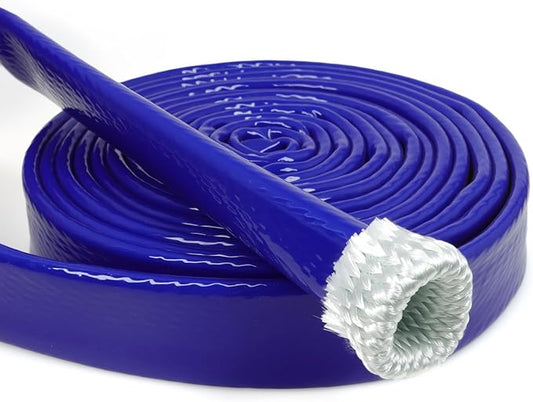 High Temp Fire Sleeve, Fiberglass Braided Heat Shield for Automotive Fuel Line & Wiring Harness, Silicone Coated Fireproof Protection Tube (Blue, 25mm(1")-3.3ft)