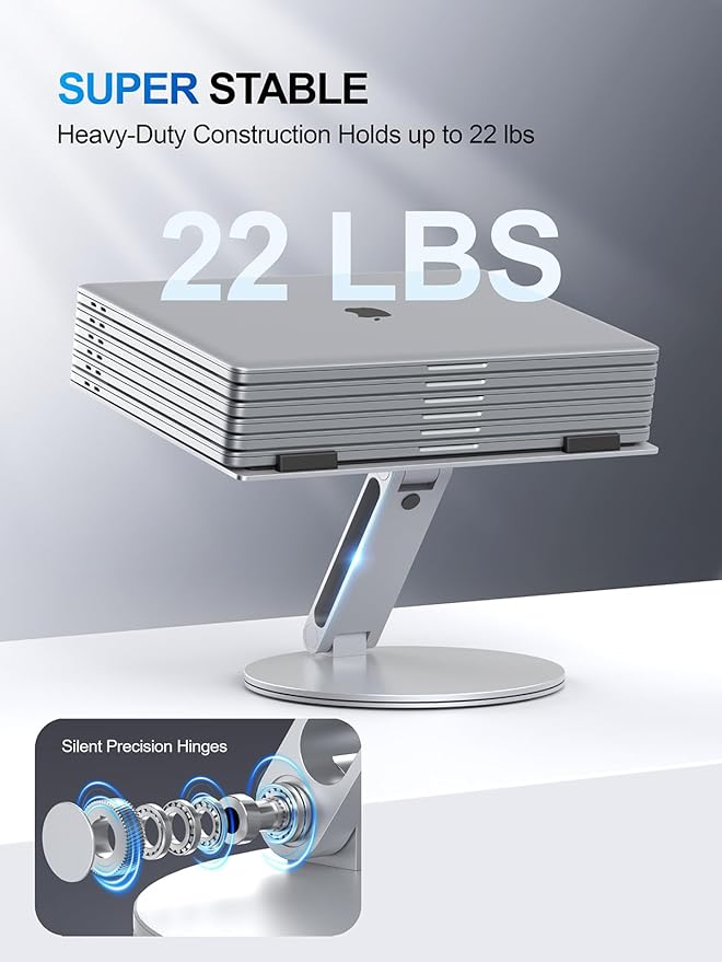 Laptop Stand for Desk, 360° Rotating & Height Adjustable Ergonomic Computer Riser with Aluminum Cooling Vents for 10-16" MacBook, Dell, Lenovo (Foldable, Portable for Office & Home) - Silver