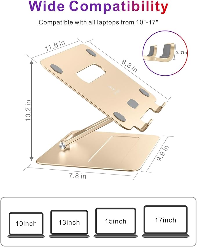 Adjustable MacBook Laptop Stand for Desk | Ergonomic Aluminum Laptop Riser with Heat-Vent, Compatible for 10-17" Laptops, Macaroon Gold