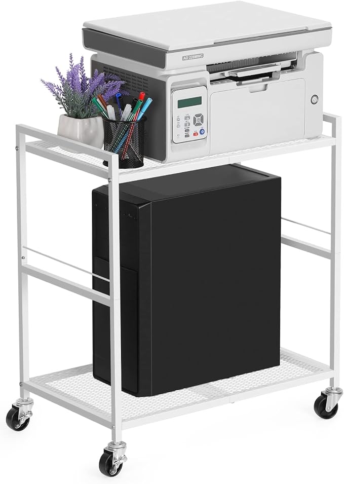 OYEAL Computer Tower Stand, PC Tower Stand Metal Rolling Cart Holds up to 40lbs, 2 Tier Mobile Printer Stand with Storage Under Desk for Home & Office, White