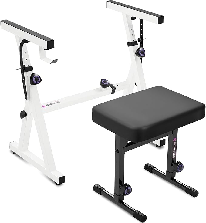 Liquid Stands Portable Heavy Duty Digital Piano Stand & Bench Set - Adjustable Keyboard Music Stand & Seat for 54-88 Key Electric Pianos (White)