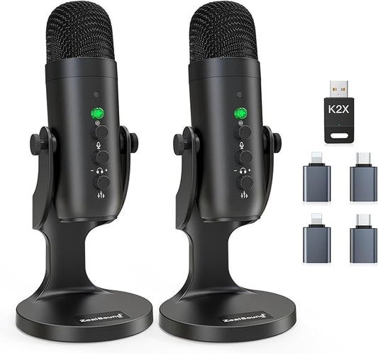 ZealSound Podcast Microphone, Podcast Equipment Bundle for iPhone PC iPad Android, Dual Wireless USB Mic 2.4GHz with Noise Reduction, Tap to Mute, Monitor Gain for Streaming, Recording, YouTube,TikTok