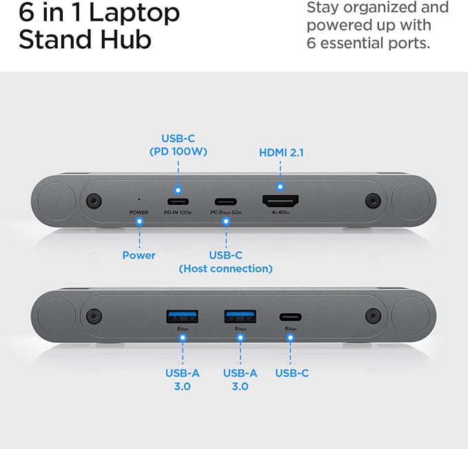 Spigen ArcDock Laptop Stand with 6 in 1 Hub USB-A 3.0, USB-C 3.0, PD 100W, 4K 60Hz HDMI Universal Adjustable Folding Laptop Dock with 360 Rotating Base - Space Grey