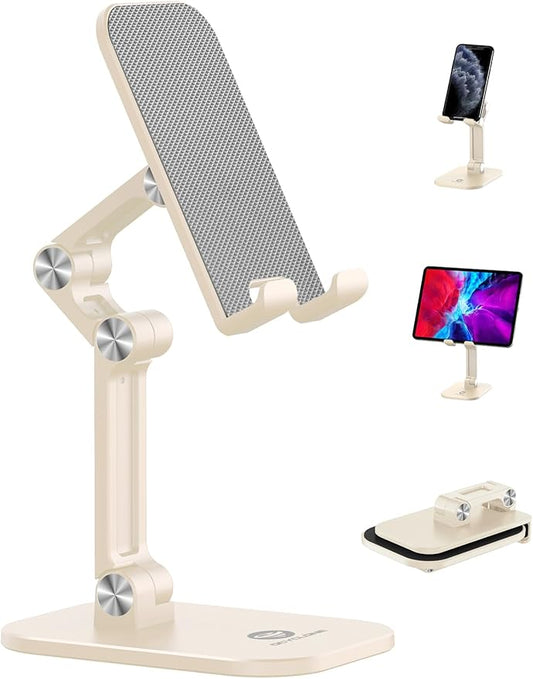 OCYCLONE Phone Stand, Adjustable Height and Angle Foldable Cell Phone Stand Holder for Desk, Taller iPhone Stand Compatible with 4.7"-13" Smartphones iPad Tablet, Beige
