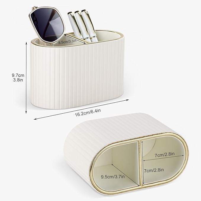 KINGFOM PU Leather Desk Organizer Pen Holder – Dual-Compartment Stylish Pencil Cup Remote Control Holder Desktop Supplies and Accessories Organizer Caddy for Office Home School (Light Beige)