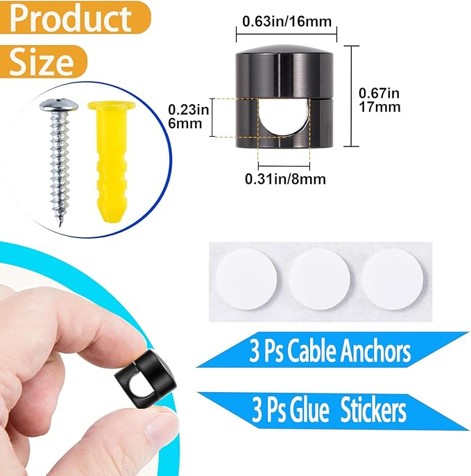 3 Sets Charger Cord Holder, Glossy Black Metal Adhesive Cable Management Clips,Adjustable Cable Anchor Holders,Wire Organizer for Desk, Wall, Home, Office