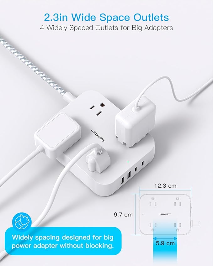 1 Ft Flat Plug Extension Cord, HANYCONY Power Strip with 4 USB Ports(2 USB C), 4 Widely Outlets Extender, Wall Mount, Desk Charging Station for Office, Travel and Cruise Ship Essentials