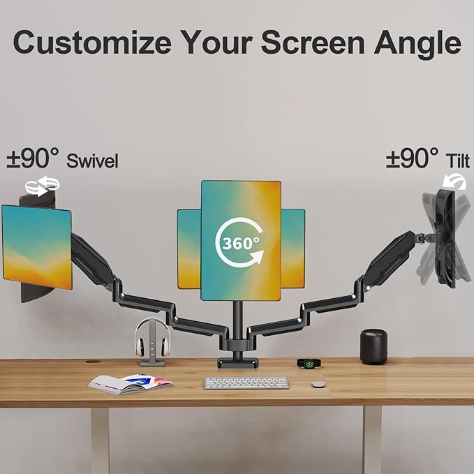 MOUNT PRO Triple Monitor Mount, 3 Monitor Desk Mount for Three Screens up to 32 Inch, Full Motion Gas Spring Heavy Duty Arm Hold up to 19.8lbs Each, Black