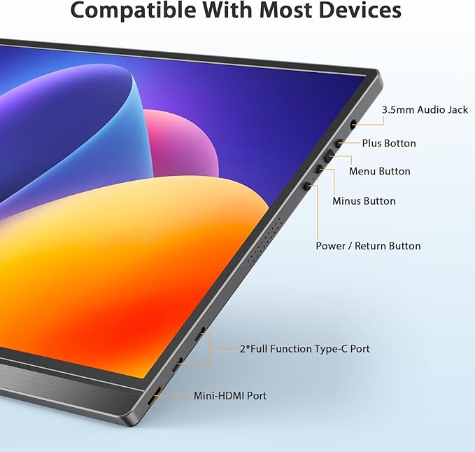 QQH Portable Monitor, 15.6 Inch FHD 1080P USB C HDMI Alloy Travel Screen for Laptop with w/Smart Cover & Built-in Speaker, Plug&Play Ultra Slim Portable Second Monitor for Laptop PC Phone Mac