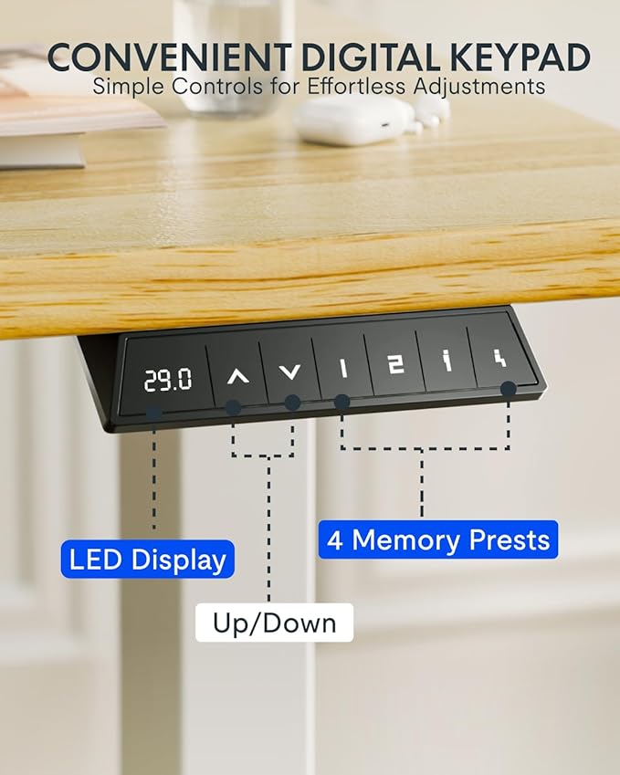 FLEXISPOT EN1 One-Piece Solid Wooden Standing Desk 63 x 24 Inches Height Adjustable Electric Sit Stand Home Office Desks (Black Frame + Rubber Wood Top, 2 Packages)