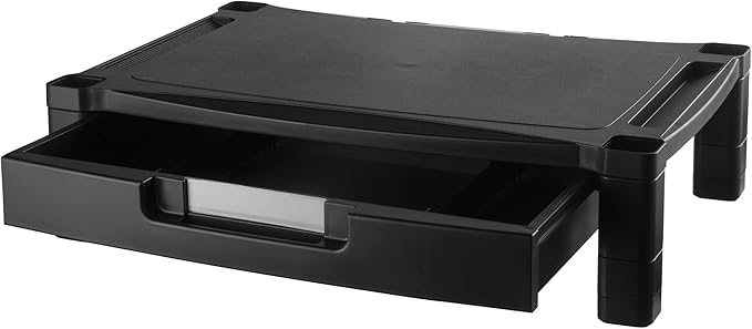Kantek Wide Deluxe Two-Level Monitor Stand With Drawer, 20" X 13.25" X 3" To 6.5", Black, Supports 50 Lbs